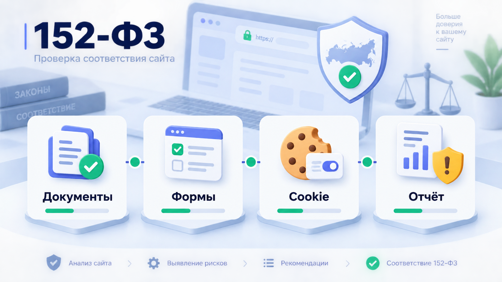 Инфографика аудита сайта по 152-ФЗ: документы, формы, cookie и отчёт о рисках